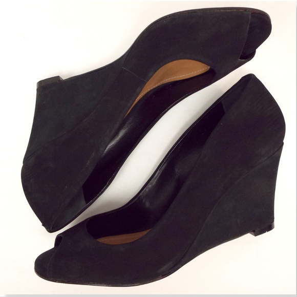 SCHUTZ Black Suede Open Toe Wedge Heels Pumps 7.5 - Picture 5 of 8